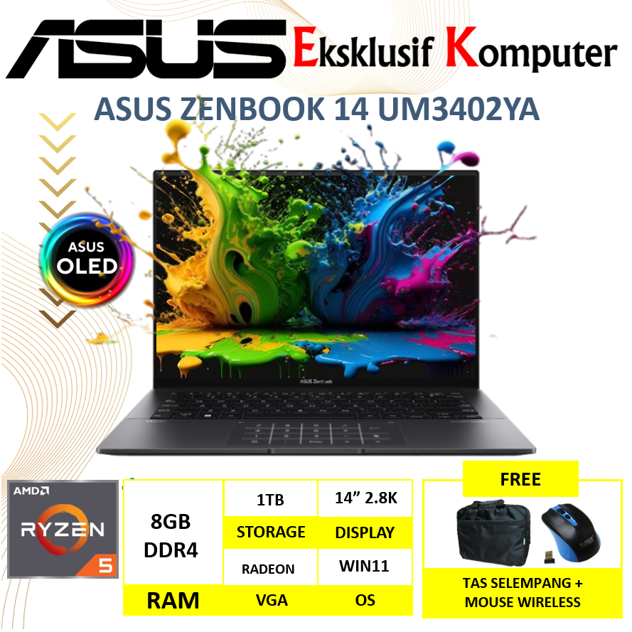 Laptop Asus Zenbook 14 OLED UM3402YA Ryzen 5 7530U 8GB 1TB SSD 14" 2.8K OLED Windows 11 Home