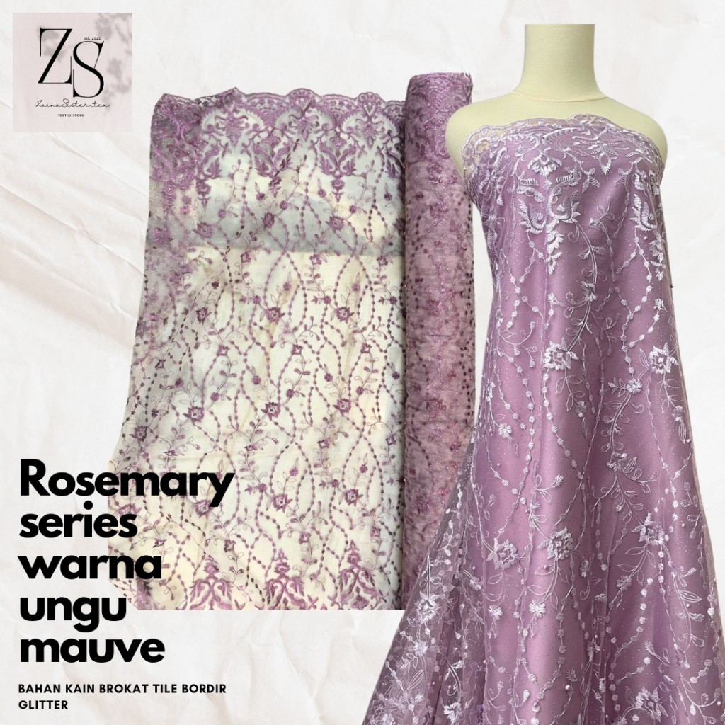 1/2 Meter Bahan Kain Kebaya Brokat Tile Bordir Rosemary Warna Ungu Mauve