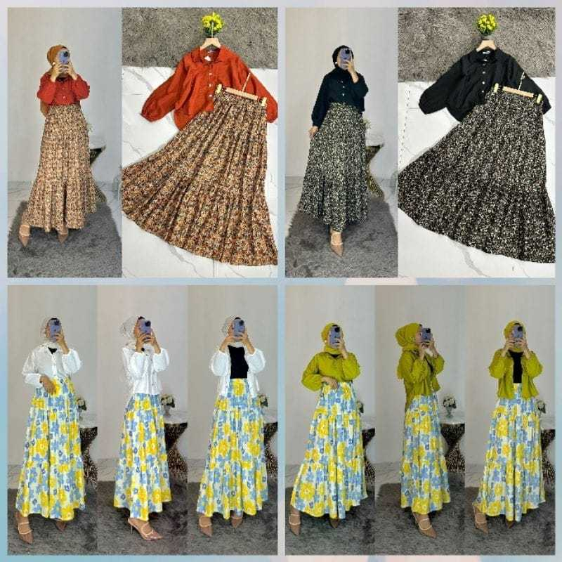 ONESET WANITA ZAHARA ROK CRINKEL  MIX RAYON - STELAN ROK DESAIN BUNGA KOMBINASI - SET WANITA HAVEL K