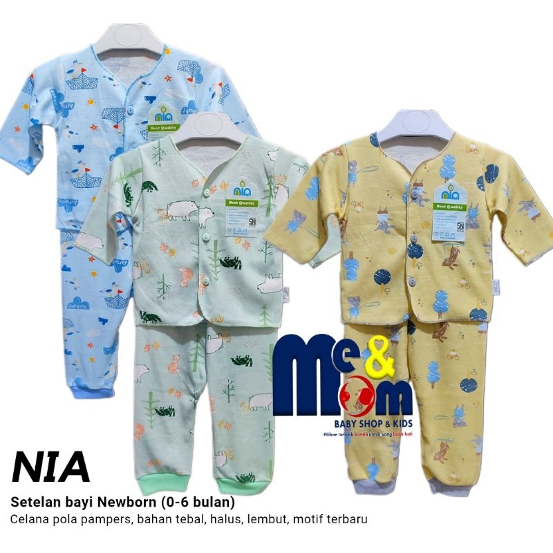 NIA (3 setel) setelan piyama bayi lengan panjang (celana pola pampers) 0-6 bulan, halus dan lembut