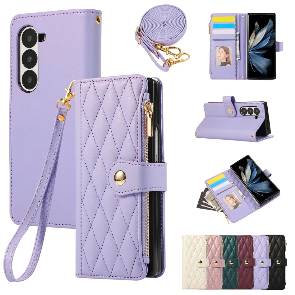 flip cover Shoulder Strap Zipper Leather Wallet Card Case For Samsung Galaxy Z Fold 5 Z Fold 4 Z Fol