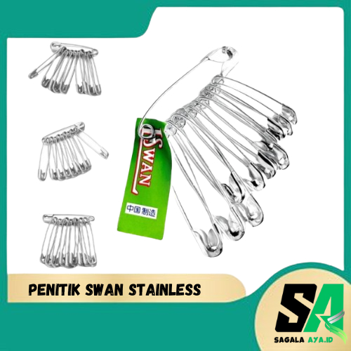 

Peniti merek Swan isi 12 pcs stainless steel ukuran kecil sedang besar