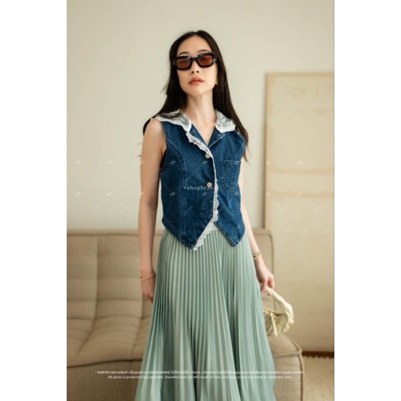 TP467 vshop hoodie vest denim lace