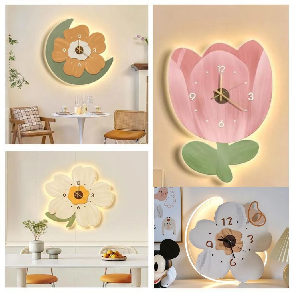 RC 198 Jam Dinding BUNGA BOHO AESTETIK LED  HOME Sweet Home  Hiasan dinding Ruang tamu/ kamar tidur