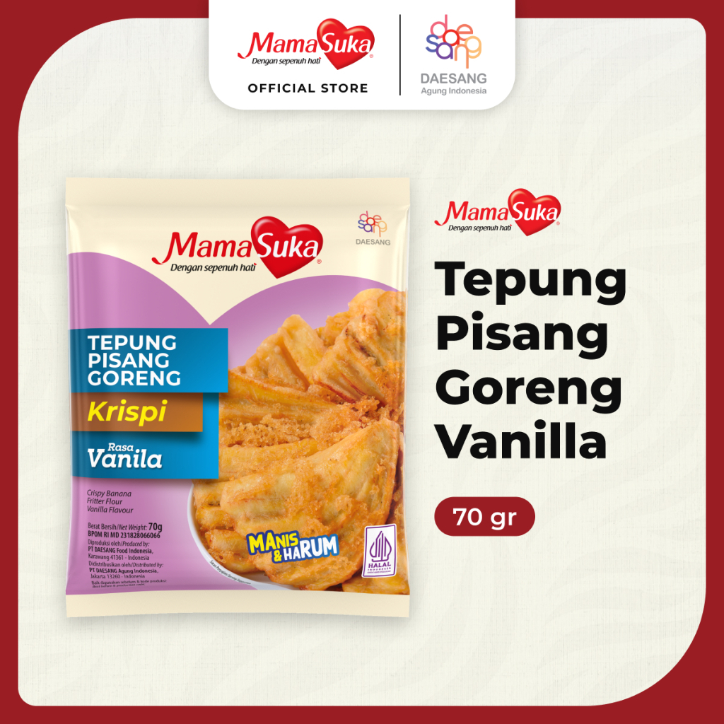 

Mamasuka Tepung Pisang Goreng Krispi Vanila 70gr 1 Renceng isi 10pcs