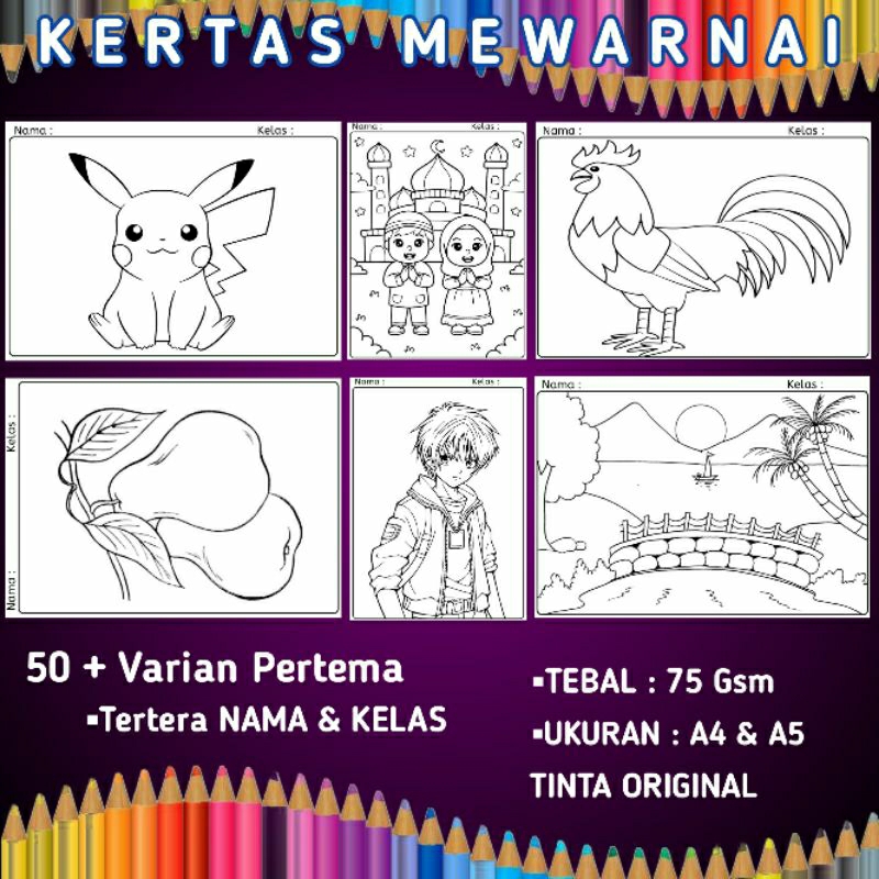 Kertas Mewarnai Sketsa Untuk Anak TK /PAUD /SD A5&A4 30 Lembar Tebal 75 Gsm(Bisa Random/Per-Tema). C