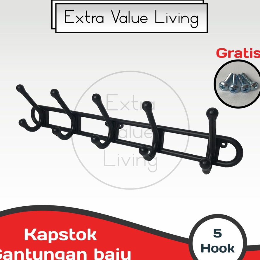 TERBATAS VIENTO Kapstok Plastik 5 Gantungan Baju Wall Hanger Hitam