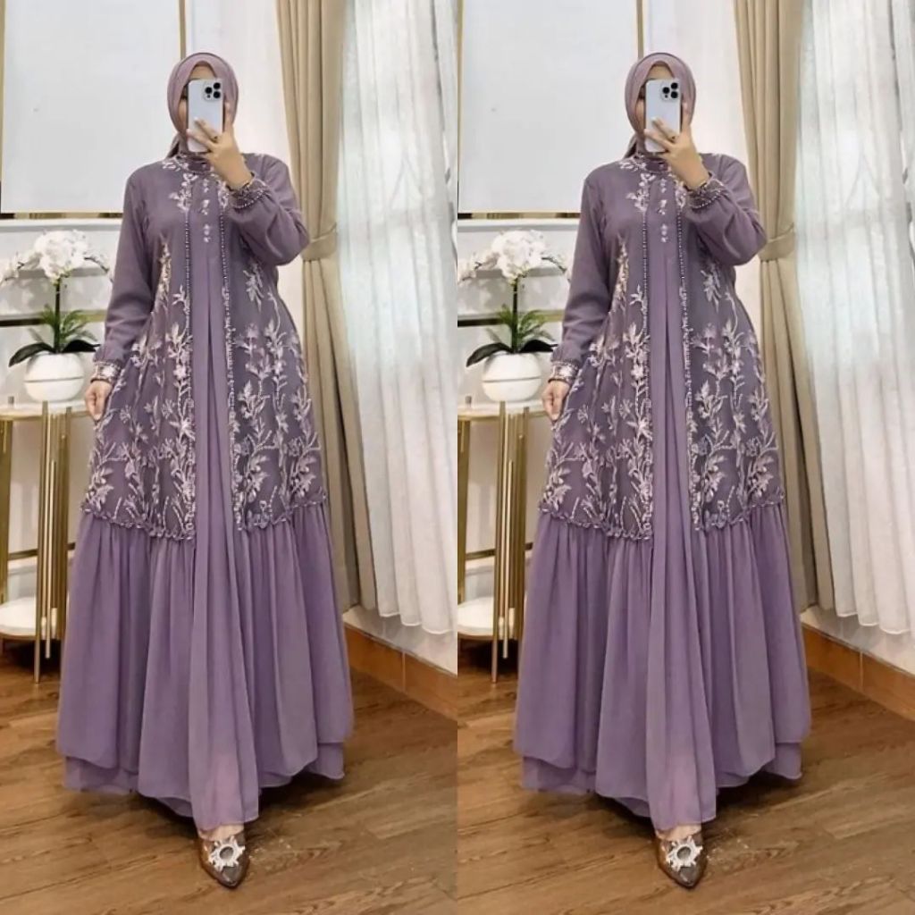 Gamis Brukat Mewah Aplikasi Payet Mutiara Aluna Dress Kondangan Ceruty Kombi Brokat Akar Timbul OOTD