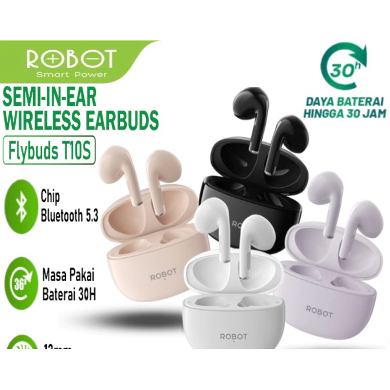 ROBOT TWS Flybuds T10S Wireless Headset Bluetooth 5.3 Earphone Waterproof IPX4 Semi In Ear Garansi