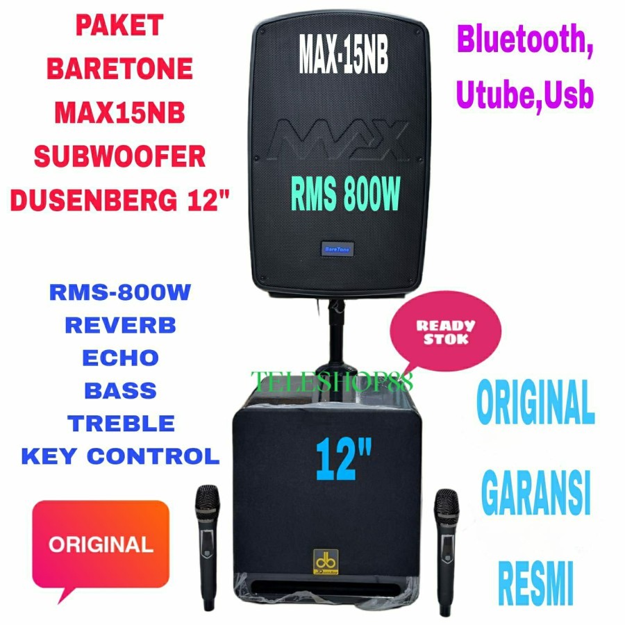Paket Sound System Speaker Portable 15 Inch Baretone MAX15NB+Subwoofer Aktif Dusenberg 12 Inch Fosta