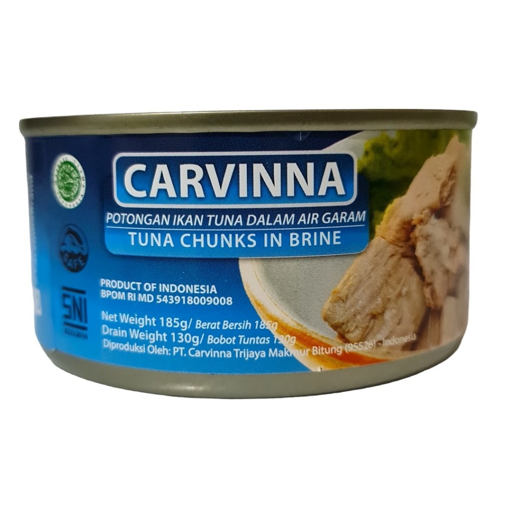 

Ikan tuna kaleng dalam air garam halal Carvinna 185 Gram / Tuna Chunk in Brine