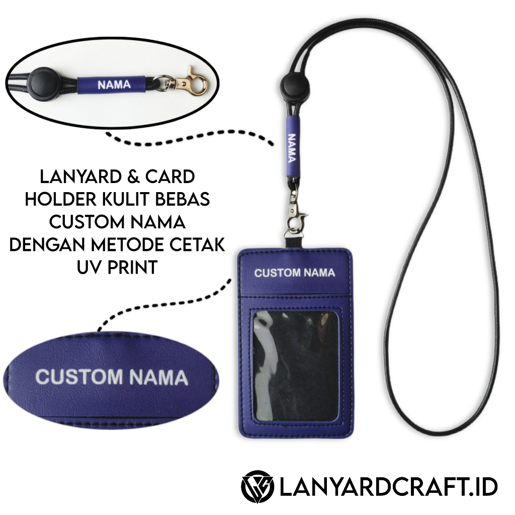 

[K3] Id Card Custom Nama + Lanyard Kulit - Card Holder Leather Custom UV print - NAVY