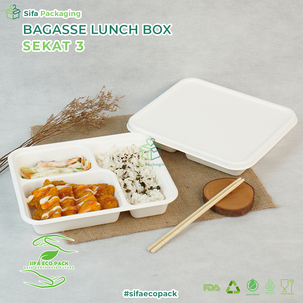 Bagasse Lunch Box Sekat 3 + Tutup Kotak Makanan Warna Putih Bungkus Nasi Kotak Takeway Ayam Geprek N