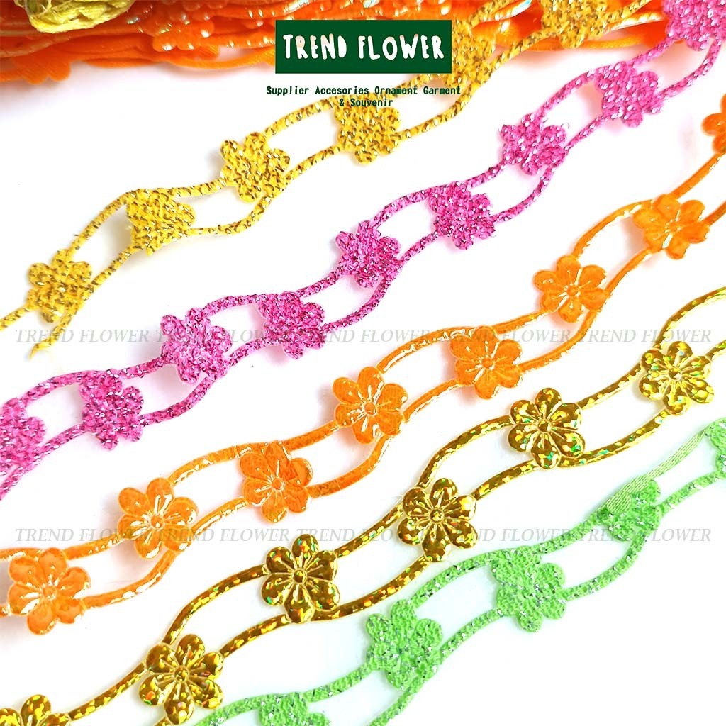 Renda bunga gliter per rol warna bordir hiasan mukena gamis