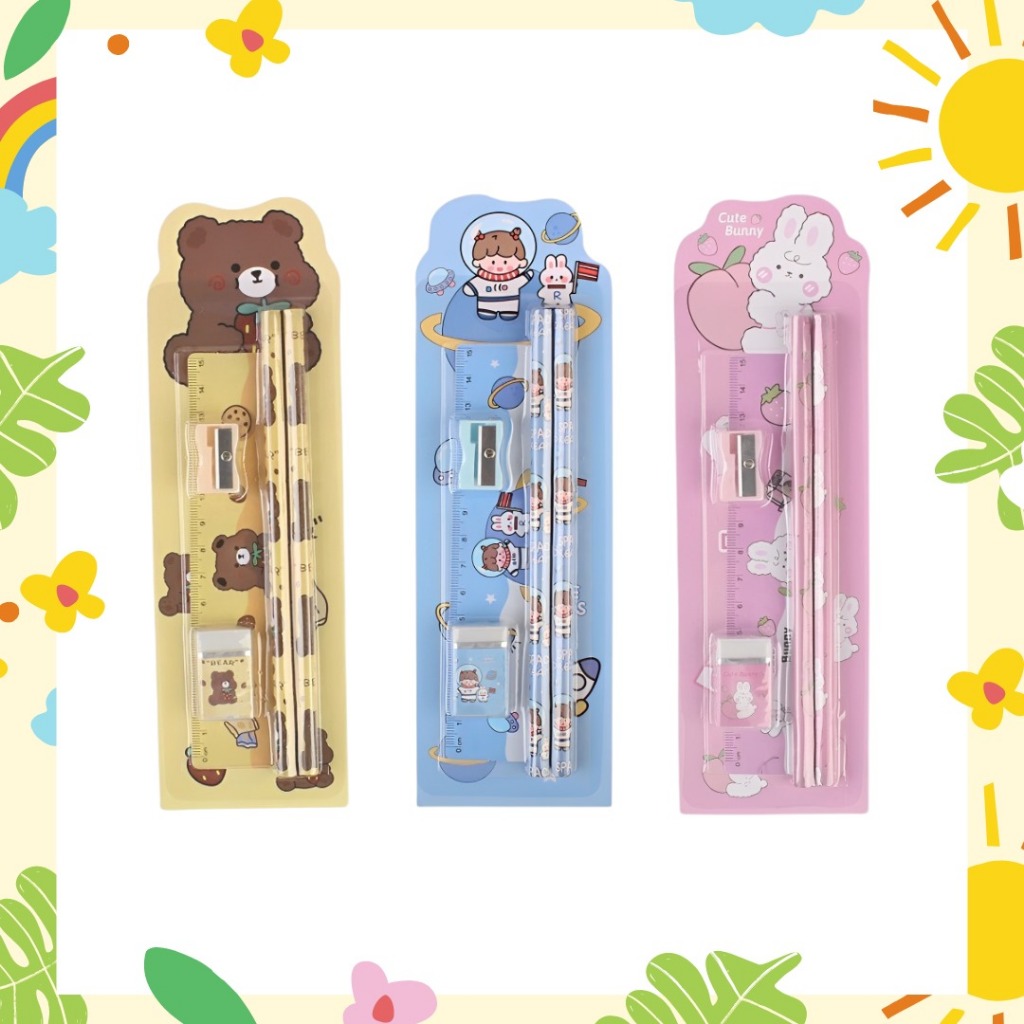 

Stationery Set 5 in 1 Alat Tulis Paket Anak Sekolah Penghapus Penggaris Pensil Serutan Karakter Lucu