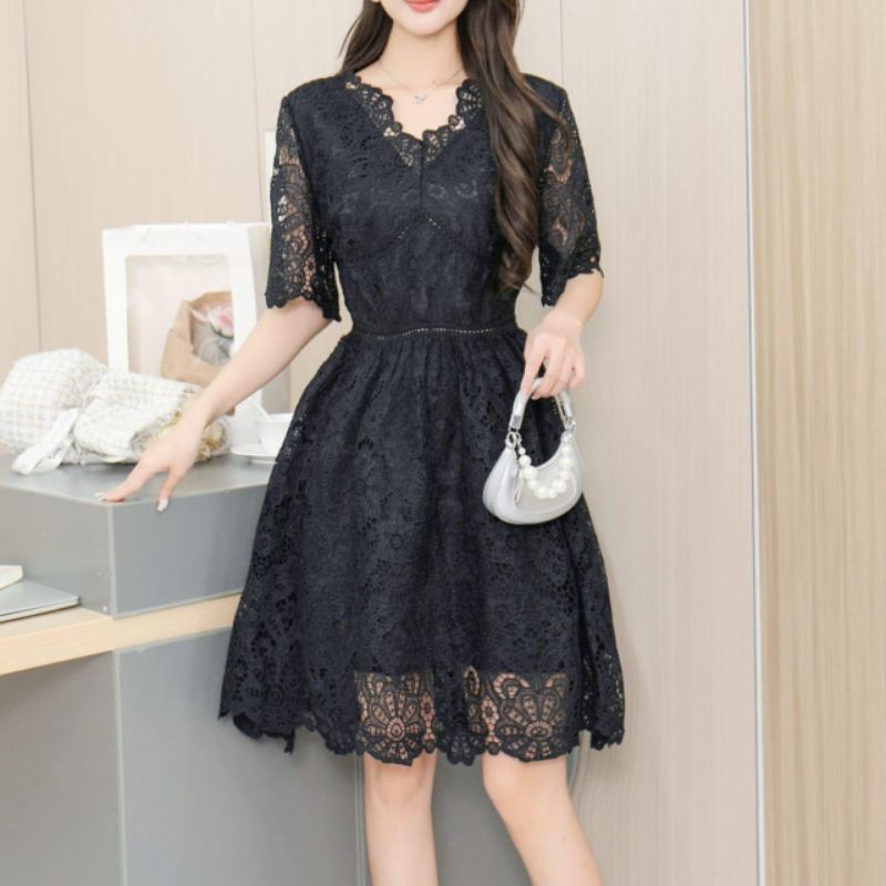 51501 Baju minidress LERINA LACE BROKAT MINI DRESS VNECK HITAM PUTIH lengan pendek dres Korea Korean