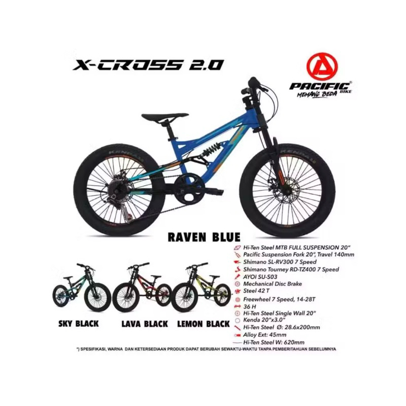 Sepeda MTB 20 Pacific X Cross 2.0 Fullsus 7 Speed Shimano Murah banyak bonus / Sepeda Gunung Ukuran 