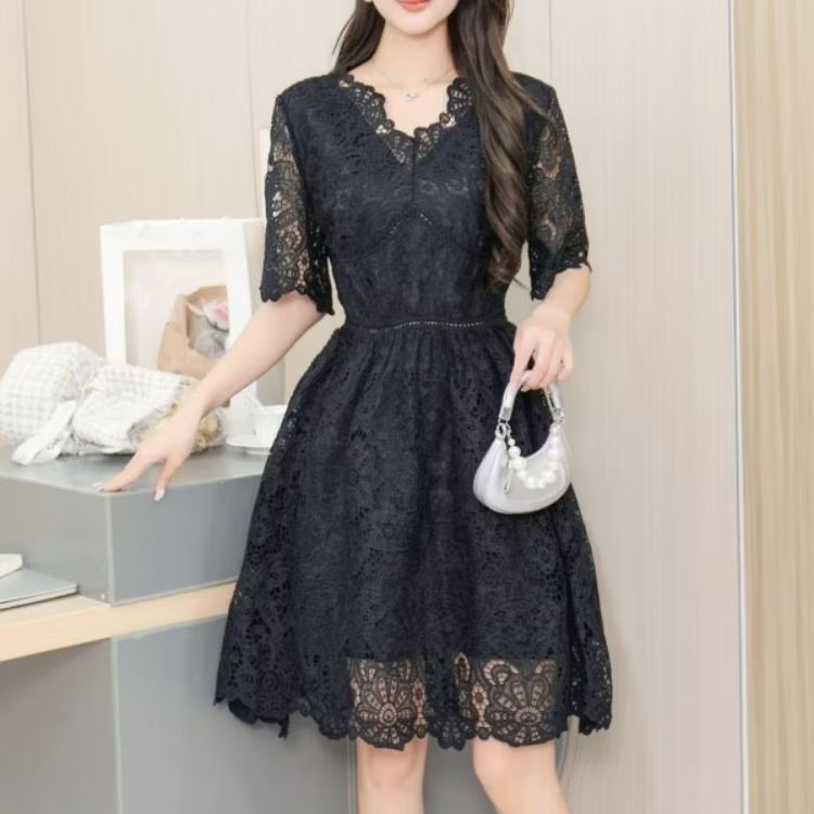 51501 Baju minidress LERINA LACE BROKAT MINI DRESS VNECK lengan pendek hitam putih polos dres Korean