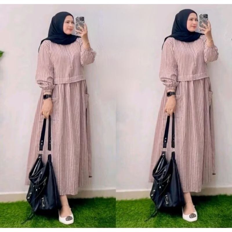 gamis salur haruka bahan katun linen gamis saku gamis katun  Wanita Muslim Panjang Dewasa Mewah Dres