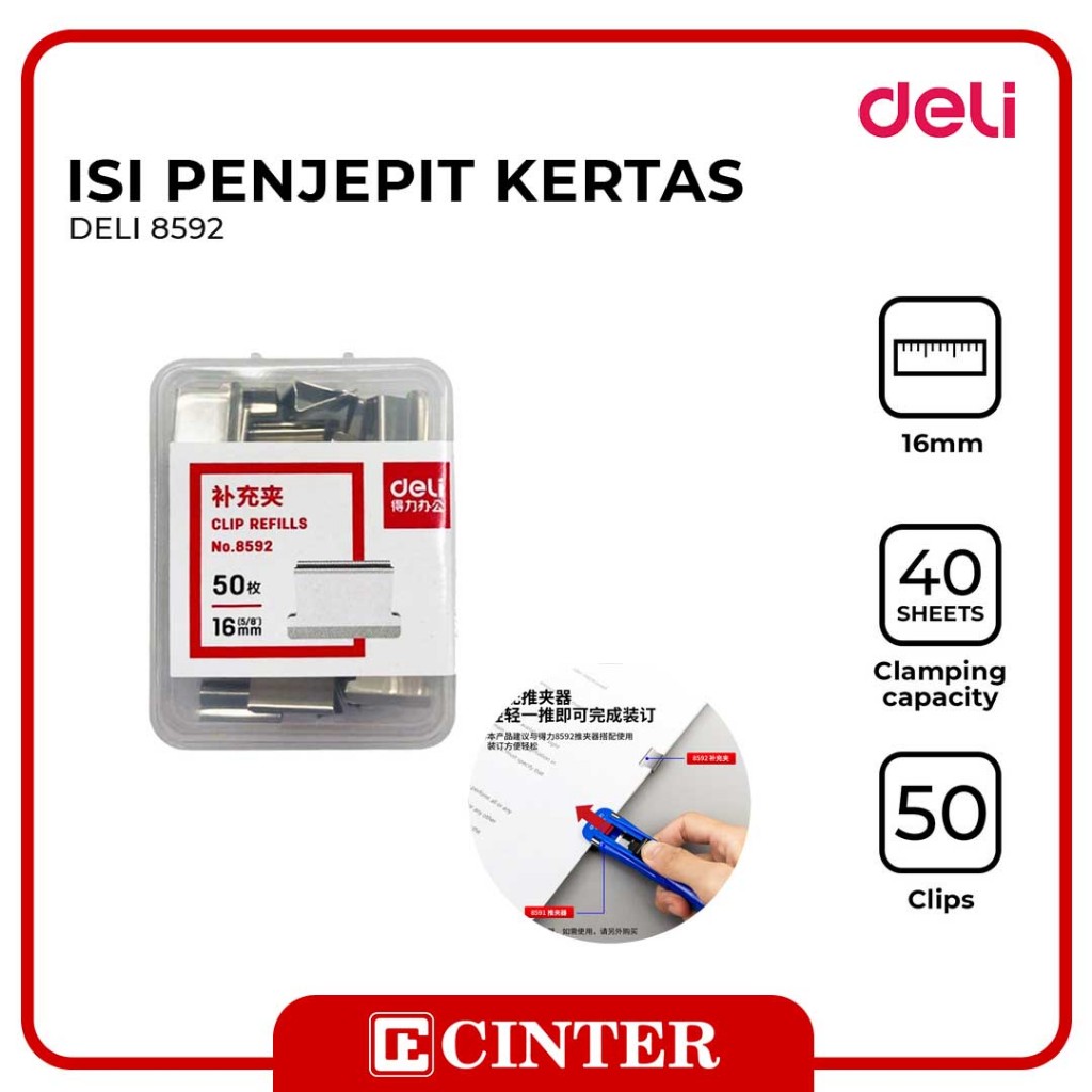 

DELI - ISI PENJEPIT KERAS OTOMATIS / PENJEPIT KERTAS / PAPER CLIP / FASTENER CLIP REFILL BINDER CLIP 8592 16MM SIL;VER ISI 50 PCS