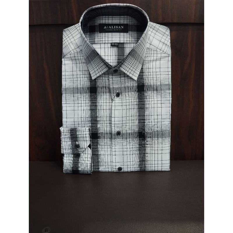 Alisan Kemeja Panjang Motif Garis Dasar Putih Slim