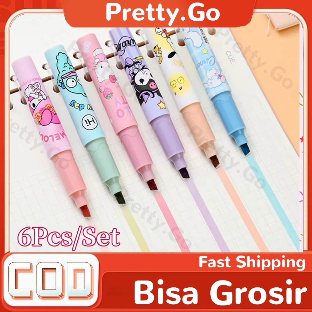 

6Pcs Stabilo Sanrio Highlighter Penanda Stabilo Pastel Warna Lucu Penanda Pewarna