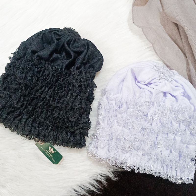 Ciput Haji dan Umroh Wanita Full Renda Hitam Putih |Dalaman Jilbab |Perlengkapan Haji dan Umroh