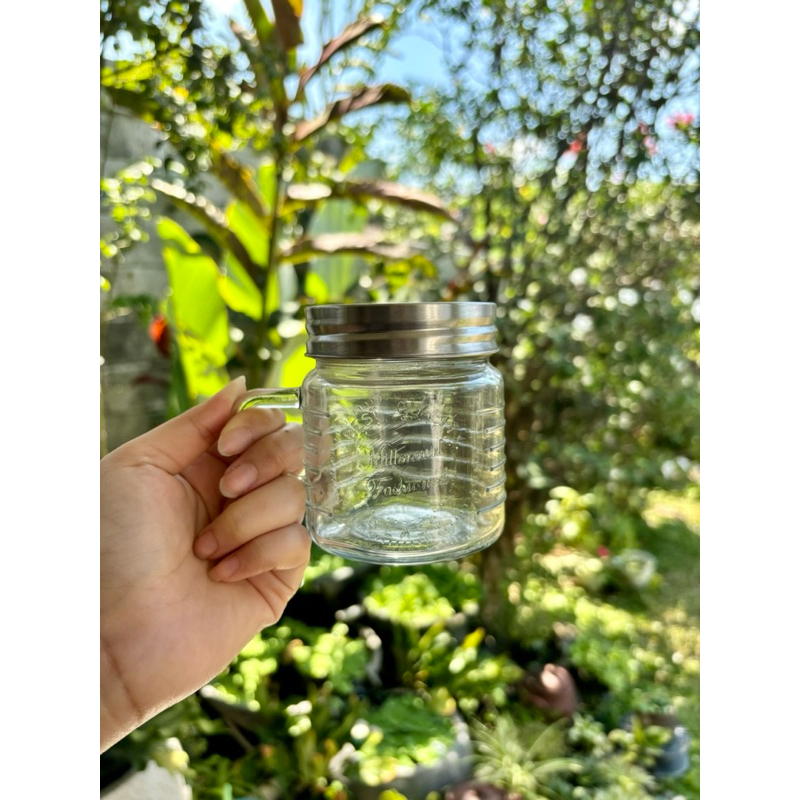 Gelas/Mug Kaca Kecil Aesthetic 250 Ml Dengan Tutup stainless