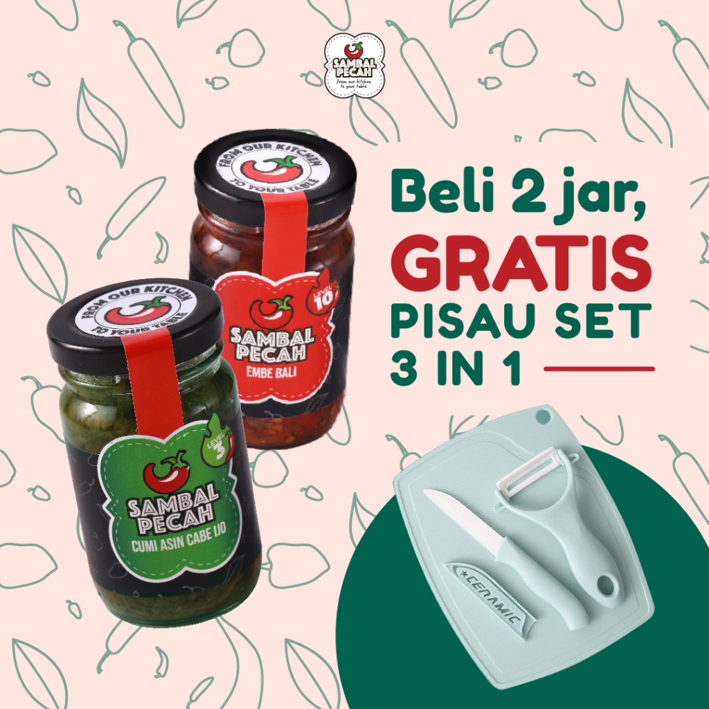 

Sambal Pecah 2 jar Khas Nusantara Halal Pedas Nikmat Gratis 1 Set Pisau Cantik Bebas Pilih Varian