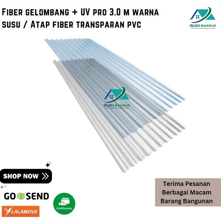 Fiber gelombang + UV pro 3 meter x 80 cm x 0.8 mm warna susu / Atap fiber bening transparan pvc