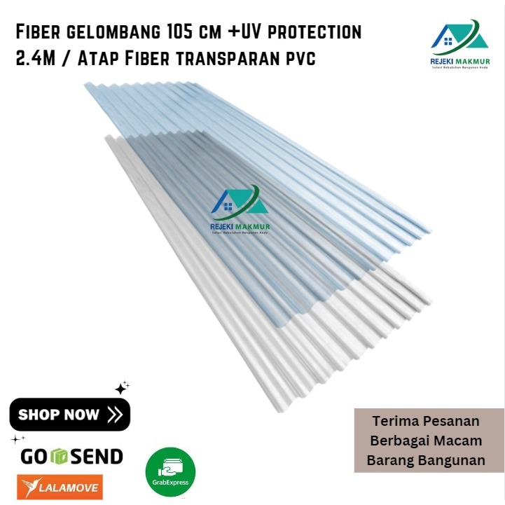 Fiber gelombang 105 cm +UV protection 2.4 Meter x 105 cm x 0.8 mm / Atap Fiber transparan pvc