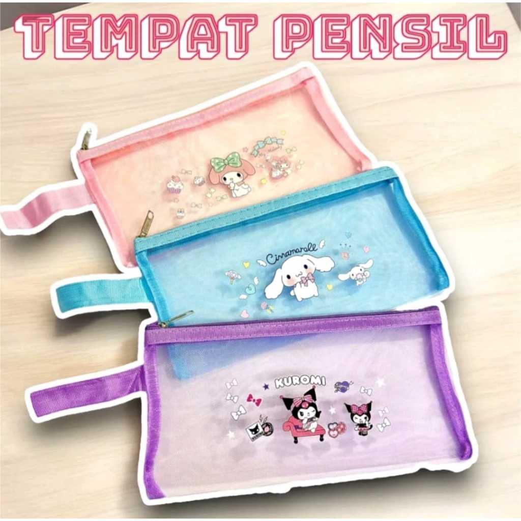 

Tempat Alat Tulis Pensil Jaring + Resleting/ Tempat Tepak Pensil Model Pouch Transparan Motif Sanrio/ Zipper Bag Kuromi Melody Cinnamorol Random Uk. 12x23cm