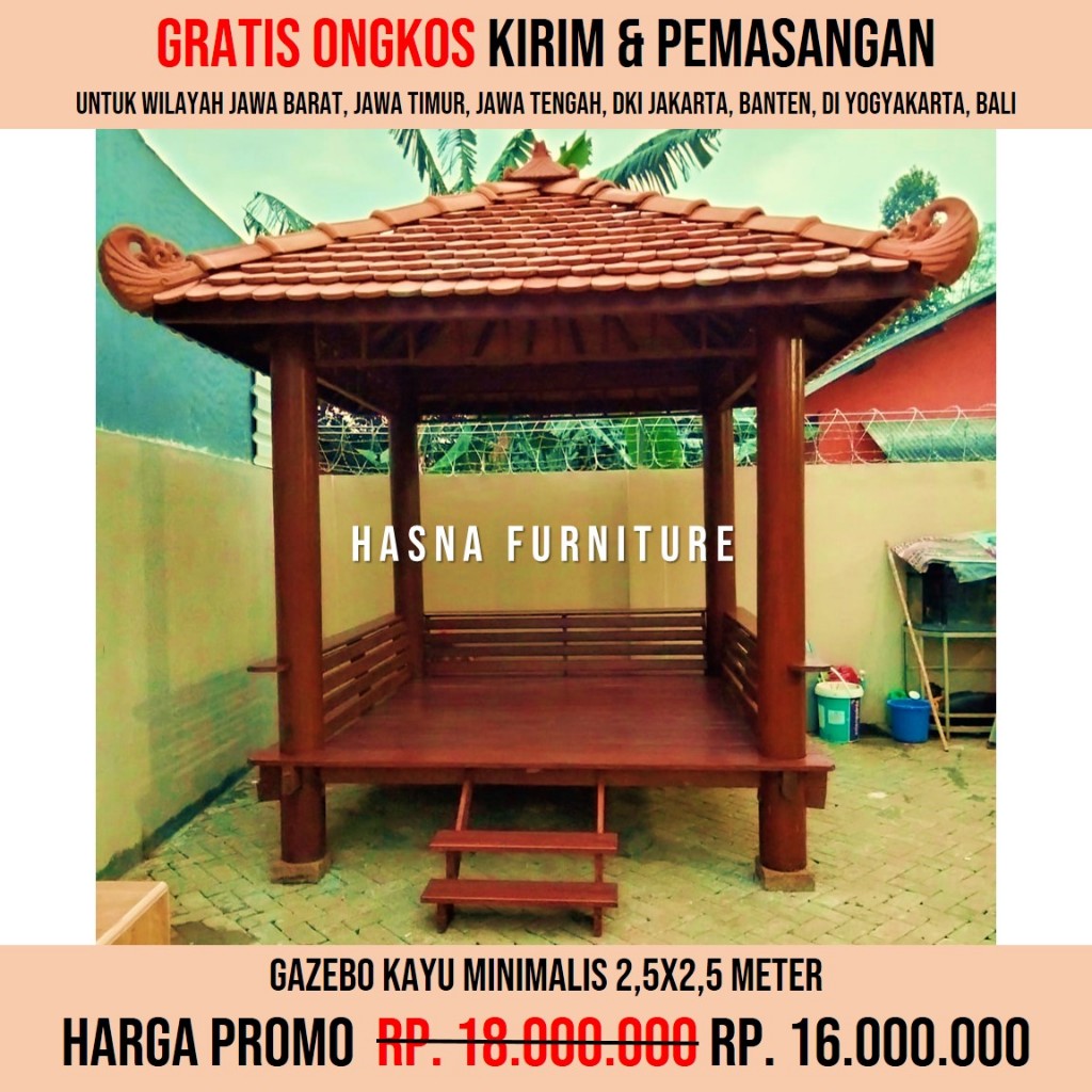 Gazebo Taman Rumah Minimalis Dari Kayu Ukuran 2,5x2,5 Meter Atap Genteng Tanah