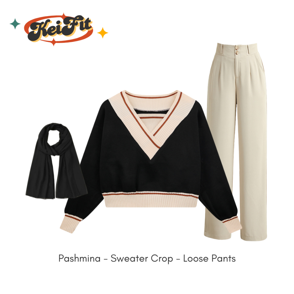 Yumi One Set Outfit 1 Set Hijab ( Sweater + Loose Pants + Pashmina ) Setelan Outfit Remaja Korean