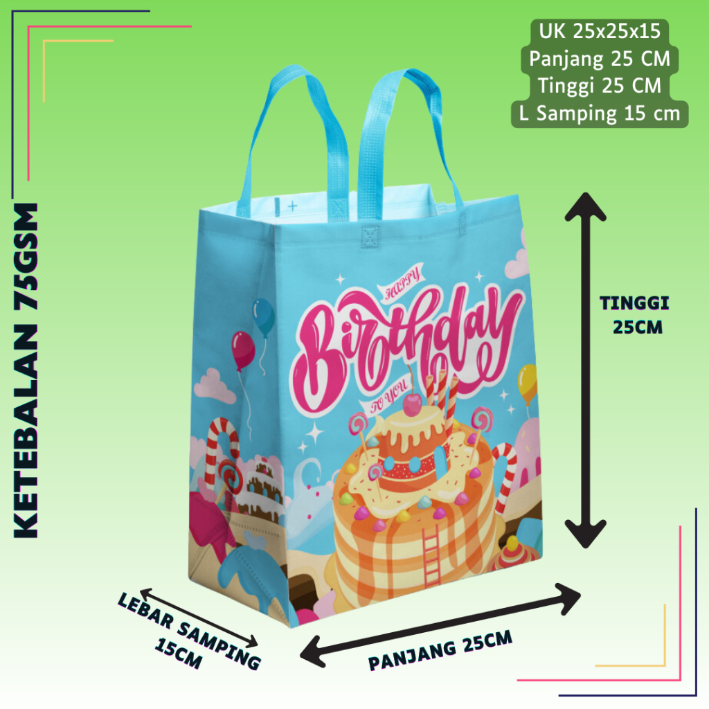 

(LUSINAN 12PCS)Tas Goodie Bag Spunbond Laminasi Ulang Tahun Anak Karakter Premium 25x25x15