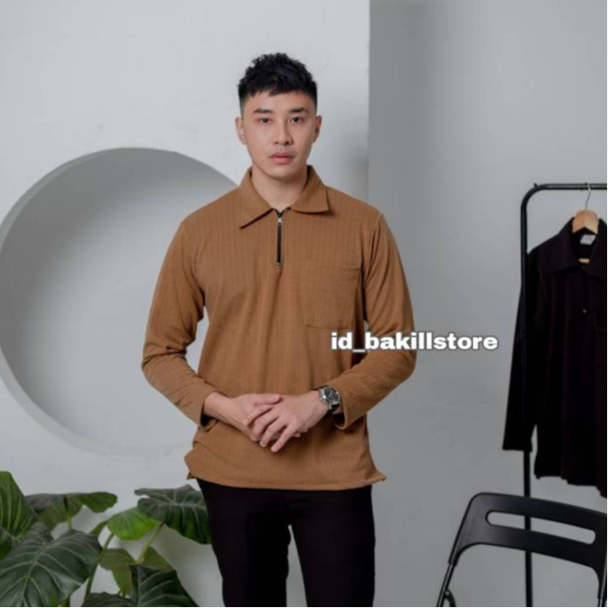 Kaos Polo Knit Zipper Lengan Panjang Pria / Kaos Kerah Polo Zipper Pria Long Sleeve Knit Bahan Tebal