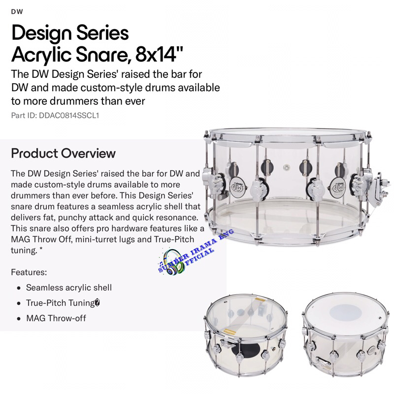 DW DESIGN ACRYLIC SNARE DRUM - TRANSPARANT SNARE DRUM DW DESIGN 8"x14"