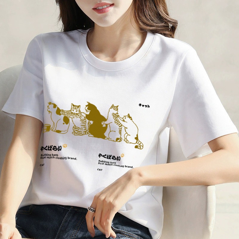 Pola kucing Gaya Jepang baju wanita atasan kaos terbaru Kapas Lengan pendek slimfit Nyaman dipakai