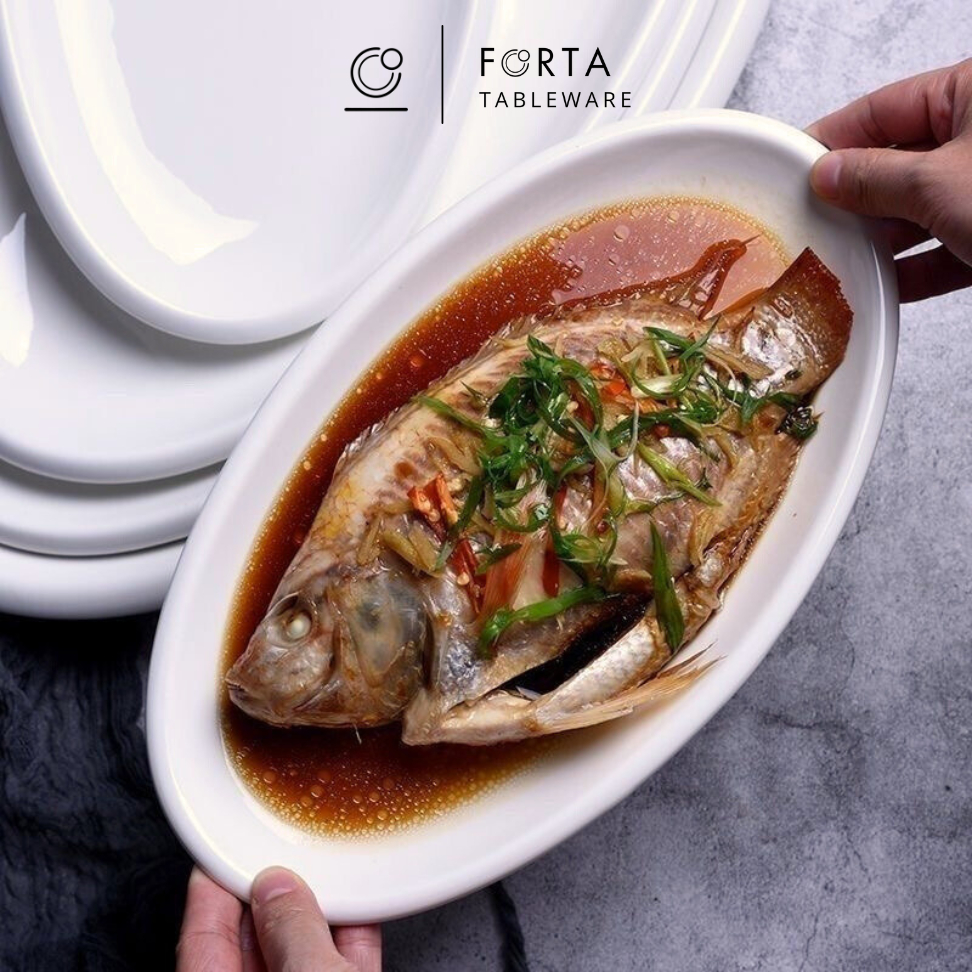 FORTA Piring Keramik Oval Ikan Polos / Piring Saji Restoran (30 cm|36 cm|40 cm)
