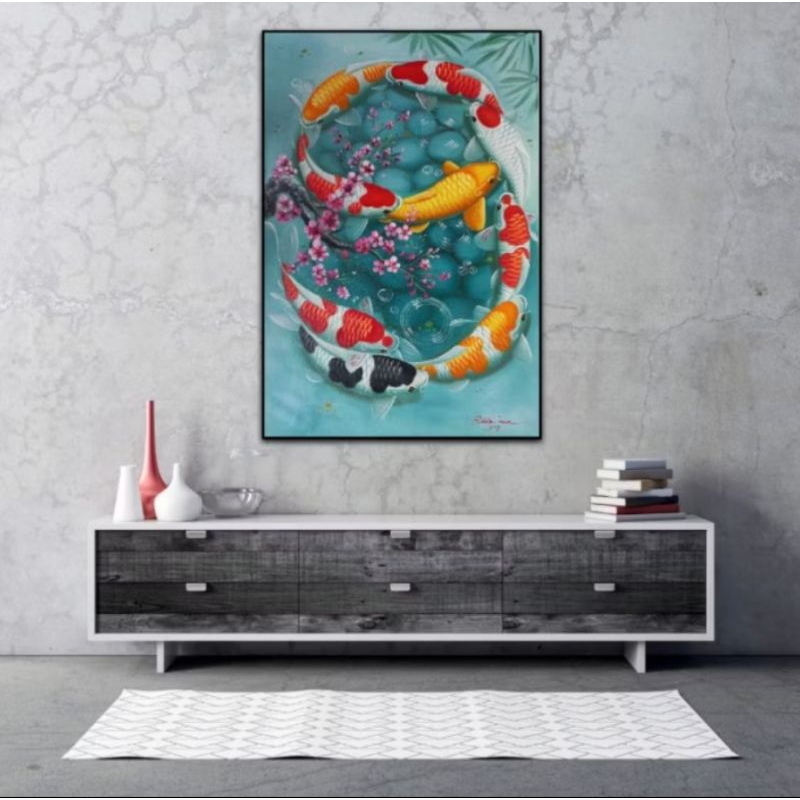lukisan dinding hiasan rumah ikan koi modern 9ekor  membentuk angka 9 elegan super cantik