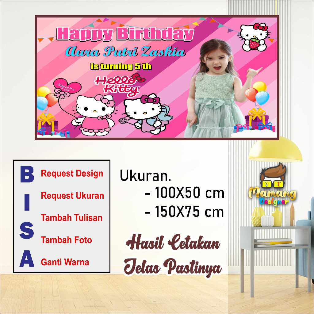 Custom Banner Spanduk MMT Untuk Ulang Tahun Anak Motif Hello Kitty bb