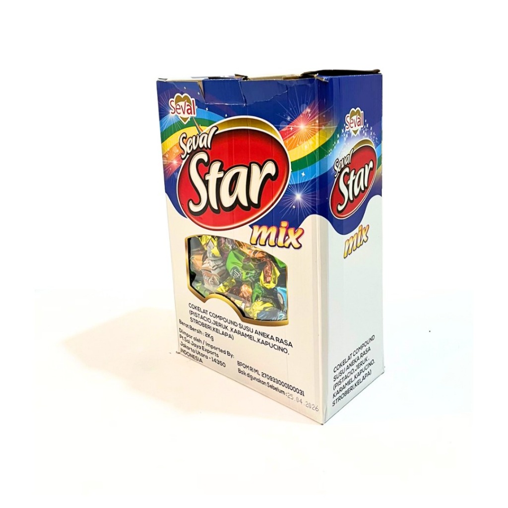 

Coklat Seval Star Mix / Coklat Compound Susu Aneka Rasa / Pistacio Jeruk Karamel Kapucino Stroberi