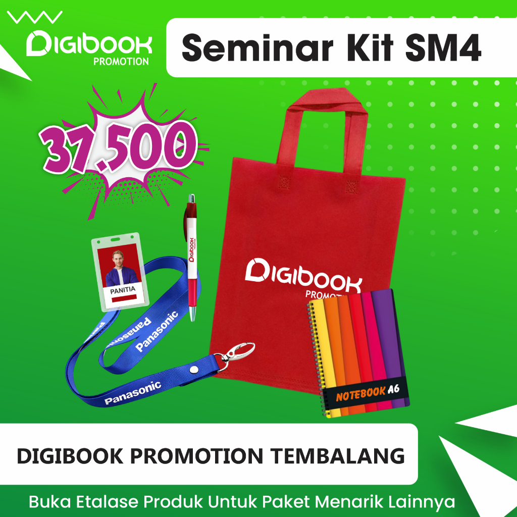 

Custom Paket Seminar Kit Custom isi 5 | Tas Spundbund, Notebook Spiral A6, Pulpen Sablon, Lanyard Sablon, CoCard