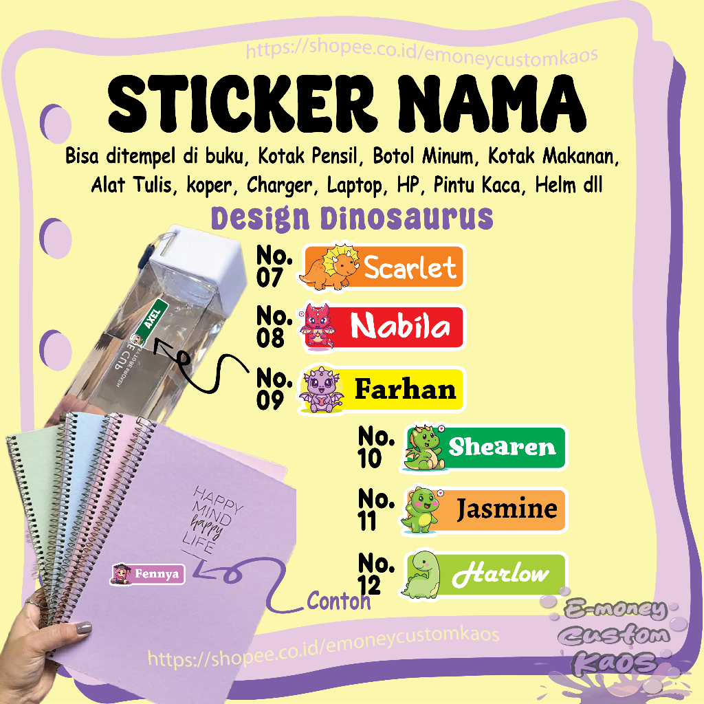 

STICKER LABEL NAMA CUSTOM DINOSAURUS DINO STIKER LEBEL PREMIUM MURAH LUCU BISA TEMPEL DI BUKU KOTAK PENSIL HELM BOTOL MINUM KOTAK MAKANAN ALAT TULIS KOPER LAPTOP HP PINTU KACA