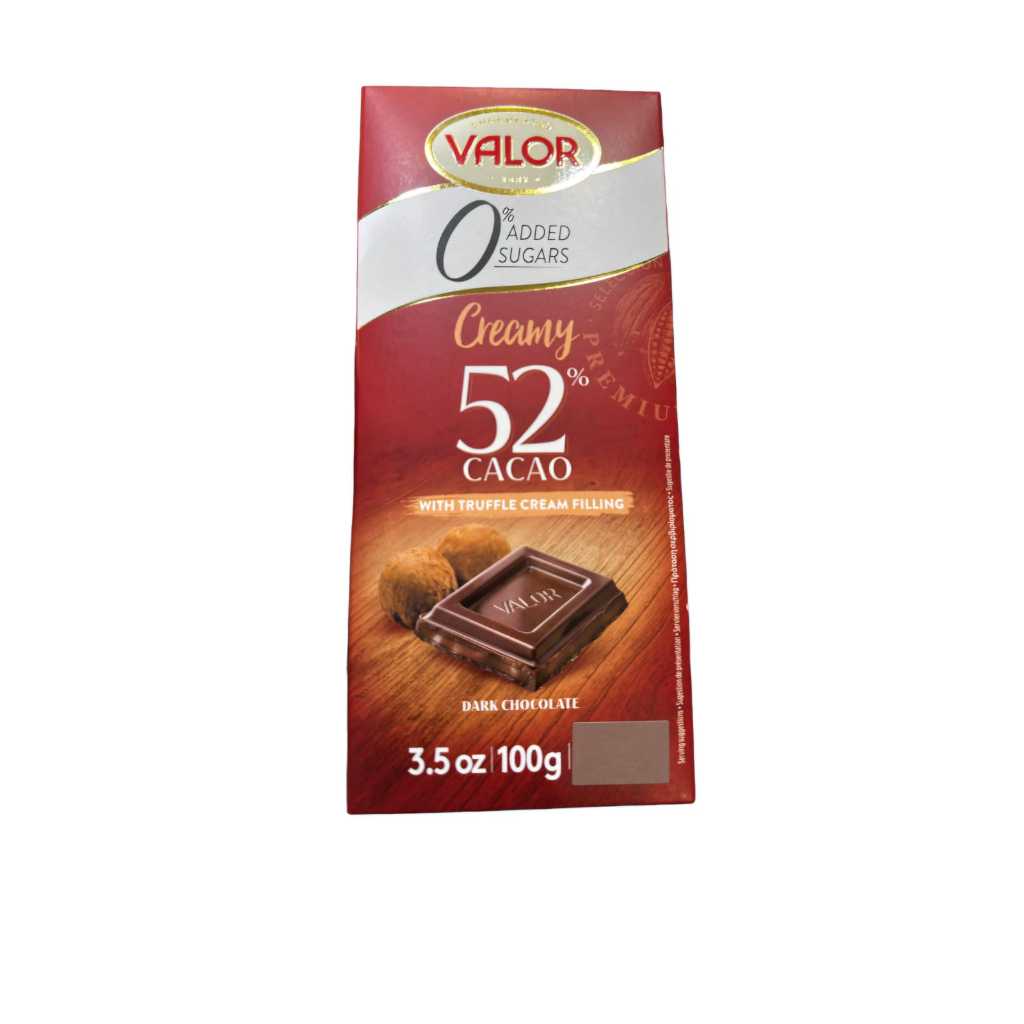 

Valor Creamy 52% Cacao with Truffle Cream Filling Dark Chocolate Bar Sugar Free Coklat