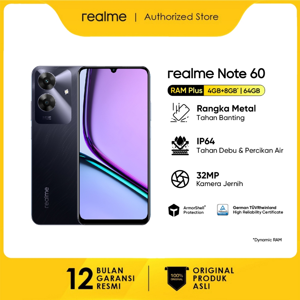 realme note 60 8GB*+256GB  ArmorShellTM Protection | TÜV Rheinland | 32MP Camera| 48- month Fluency | IP64 Dust & Water Resistance-Marble Black