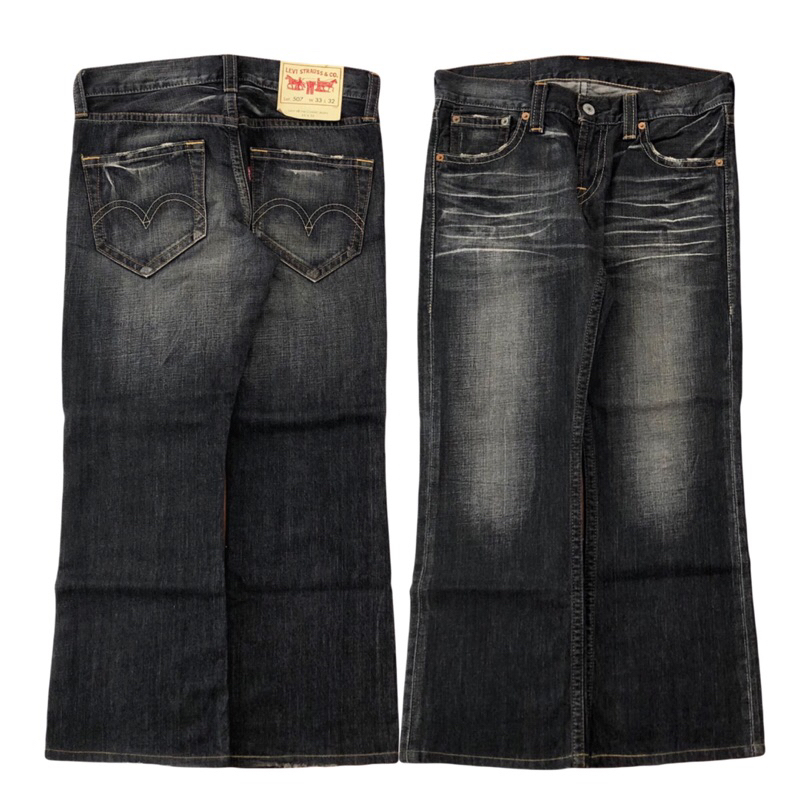 levis 507 denim black wash fading boot cut jeans