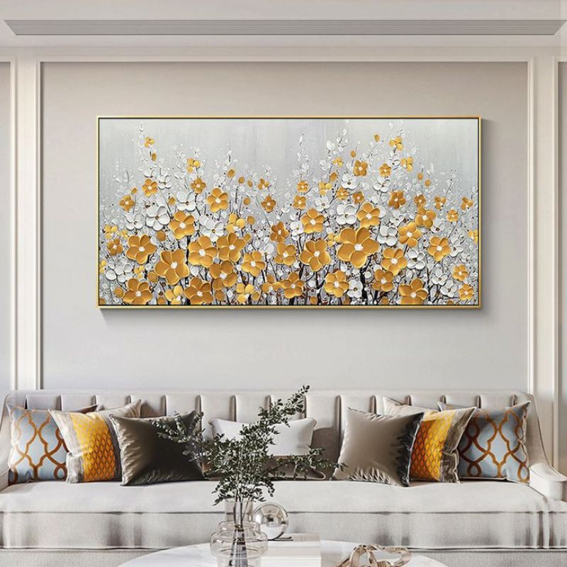 Hiasan Dinding Ruang Tamu Lukisan bunga peony kecil gold and white Art Classic Modern Aesthetic