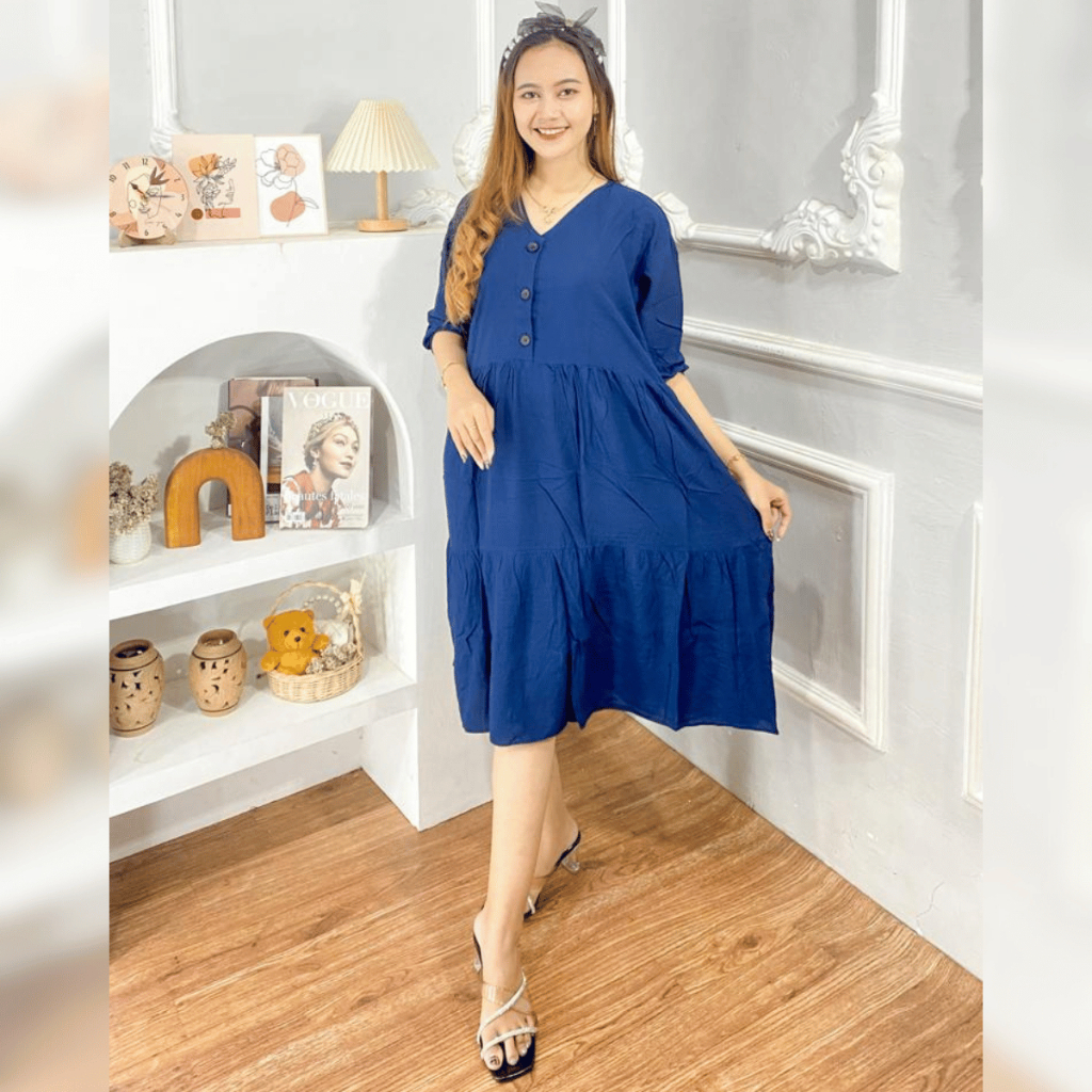 Daster Kekinian Kancing Depan Motif Polos Midi Dress Rayon Premium Jumbo