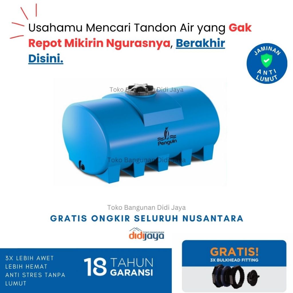 Tandon Air Horizontal Penguin TH 200 2000 Liter | Toren Air | Tangki Air Horizontal Penguin